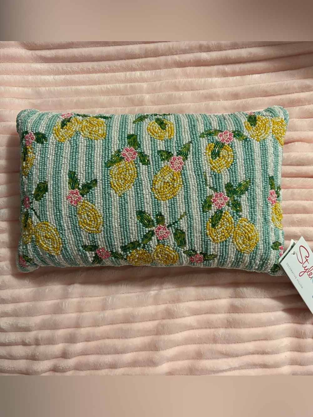 Beaded Lemon Stripe Accent Pillow in Aqua and Yellow by